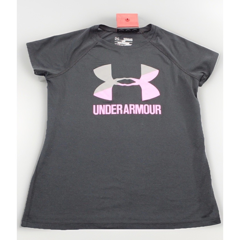 Under Armour Women's HeatGear T-Shirt Black Pink Logo Athletic Workout Size M